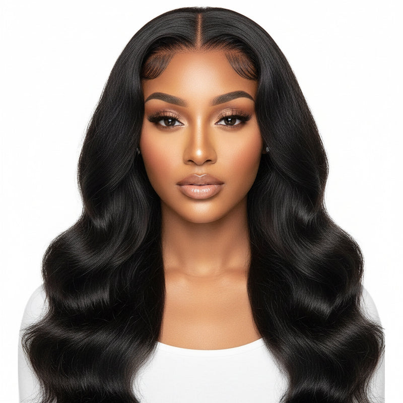 A woman wearing a body wave frontal wig with a transparent lace front that has a natural hairline. The second image shows the wig on a mannequin head, highlighting the product's length and style.